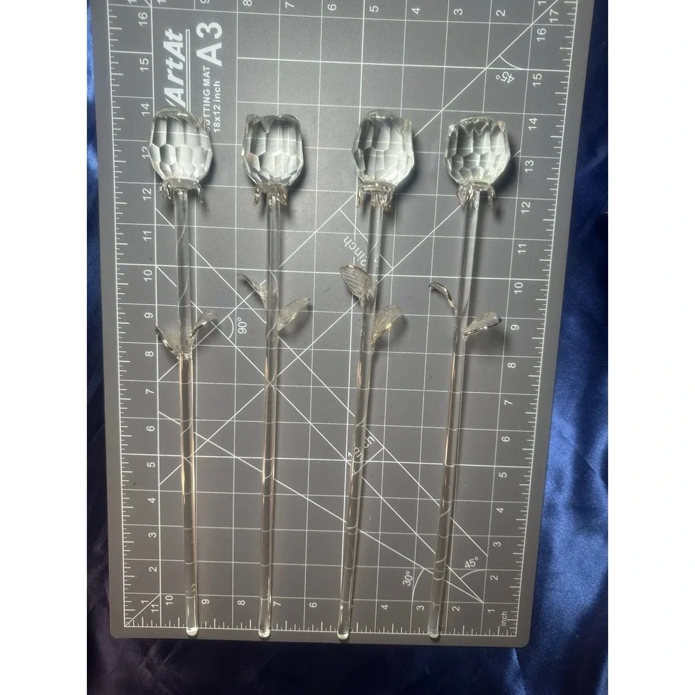 Set Of 4 Clear Glass Long Stem Roses Gold Silver Trim 14